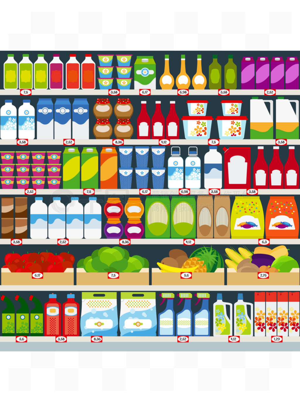 智慧陳列 乳制品、水果與日用化學(xué)品貨架布局的向量化例證